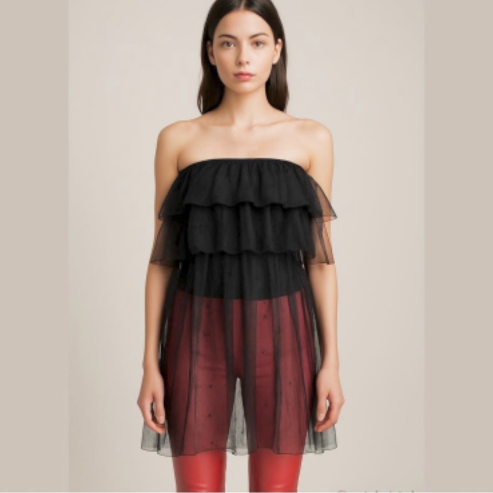 LENA Bandeau Top under Tiered Tulle w/ Beads Black Long Flowy Dress Shirt M